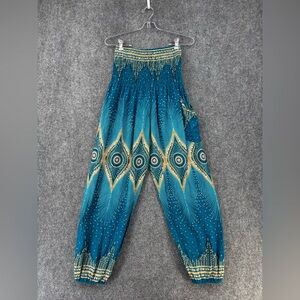 Harem Pants Turquoise High Rise Diamond Peacock Print Colorful Hippie Women’s OS